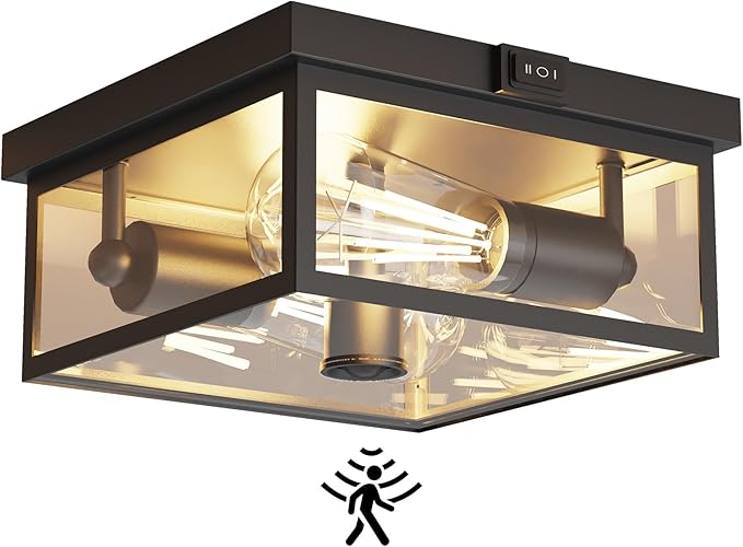 Outdoor Ceiling Light with Motion Sensor, Flush Mount Porch Light, Exterior Light Fixture with Clear Glass, Dusk to Dawn 2-Light Fixture for Patio,Porch (10.5 in)
