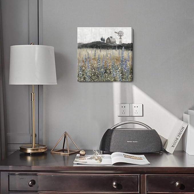 Bathroom Wall Art Vintage Farmhouse Canvas Print Retro Countryside Flower Field Nature Meadow Landscape Rustic Windmill Barn Picture Framed Artwork for Home Bedroom Living Room Black Purple 14x14inch
