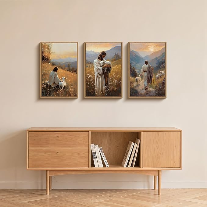 HOURIA Jesus The Good Shepherd Framed Canvas Wall Art Set,Biblical Lamb Sunset Wall Decor, Mountain Meadow Landscape Artwork,Christian Religious Art Prints for Living Room, Bedroom, Church- 24"x36"x3