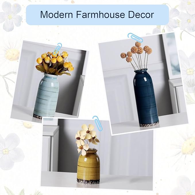 Ceramic Vase Set of 3, Farmhouse Rustic Decorative Vase for Home Decor, Modern Glazed Vase, Table Centerpiece for Living Room, Shelf, Bedroom, Kitchen (Colorful Cracks)