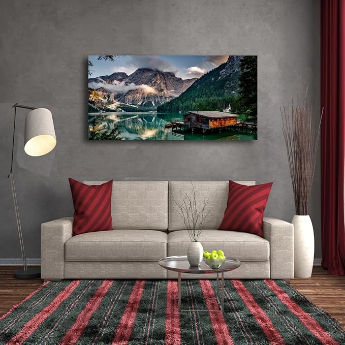 Green Lake Mountain Pictures Canvas Wall Art for Living room Bedroom Wall Decor, Mountain Wall Art Print Paitnings for home Decor,Morden Artwork House in the lake Landscape Canvas Art