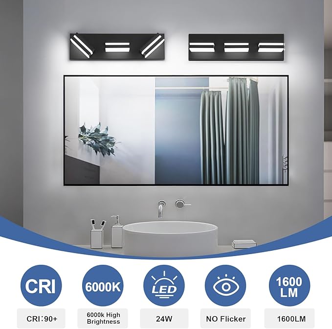 Modern LED Bathroom Lights Fixtures(3-Light),Metal Black Acrylic Wall Lighting,Vanity Lights for Bathroom Over Mirror(6000k 16In