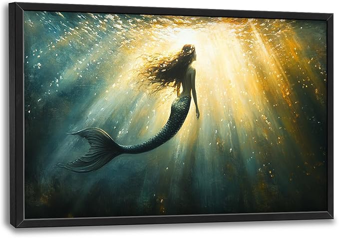 Olivine Mermaid Wall Art, Ocean Pictures Wall Decor, Coastal Painting, Marine Life Canvas Prints, Framed Artwork for Bathroom Bedroom Living Room Office Home Decoration 36"x24"
