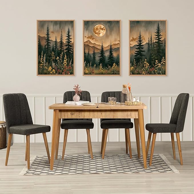 HOURIA Nature Forest Mountain Framed Canvas Wall Art Set,Moonlight Pine Tree Flower Wall Decor,Wilderness Field Wall Painting,Vintage Botanical Art Prints for Living Room,Bedroom,Farmhouse-16 x24 x3