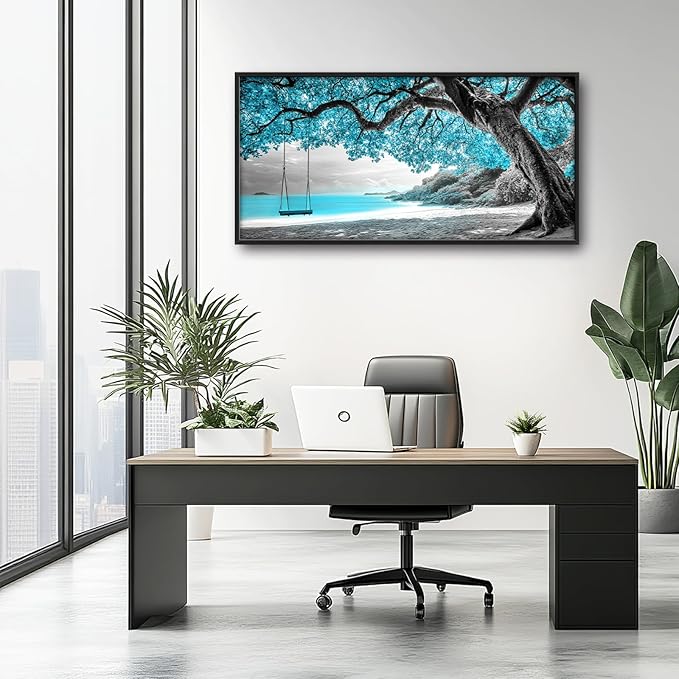 Extra Large Framed Abstract Tree Wall Art,Black and White Tree of Life Wall Decor,Blue Teal Sea Pictures for Living Room,Canvas Print Painting Modern Artwork Bedroom Office Bathroom 60L x 30W