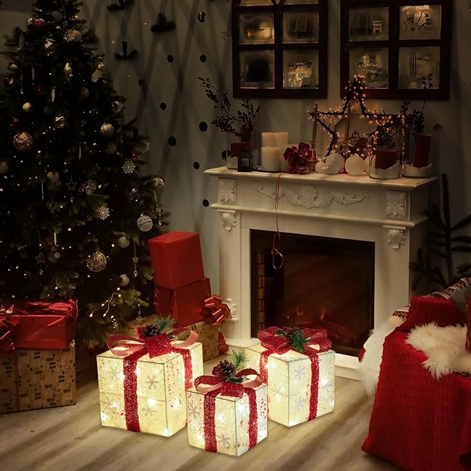 Christmas Decorations, Set of 3 Christmas Lighted Gift Boxes, Battery Operated Xmas Present Boxes, Warm White LED with Bows for Indoor Christmas Tree, Yard, Home Decor