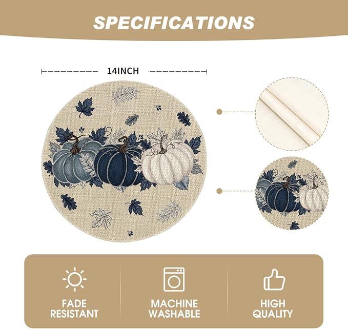 Artoid Mode Navy Blue Pumpkins Eucalyptus Leaves Round Fall Placemats Set of 4, 14 Inch Thanksgiving Round Table Mats for Dining Decoration