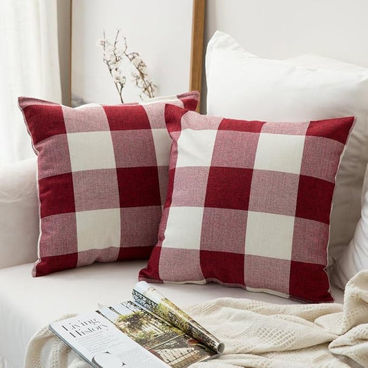 MIULEE Pack of 2 Farmhouse Checkers Buffalo Plaids Polyester Linen Soft Soild Square Throw Pillow Covers Home Decor Outdoor Cushion Case for Sofa Bedroom Outdoor 20 x 20 Inch Red and White