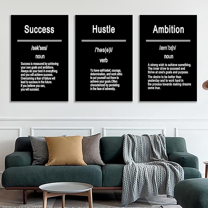 Success Hustel Ambition 3 Pieces Motivational Canvas Wall Art Inspirational Quote HD Pictures Wall Decor Posters Painting Artwork for Living Room Office Workplace Stretched and Framed [72''Wx 36''H]