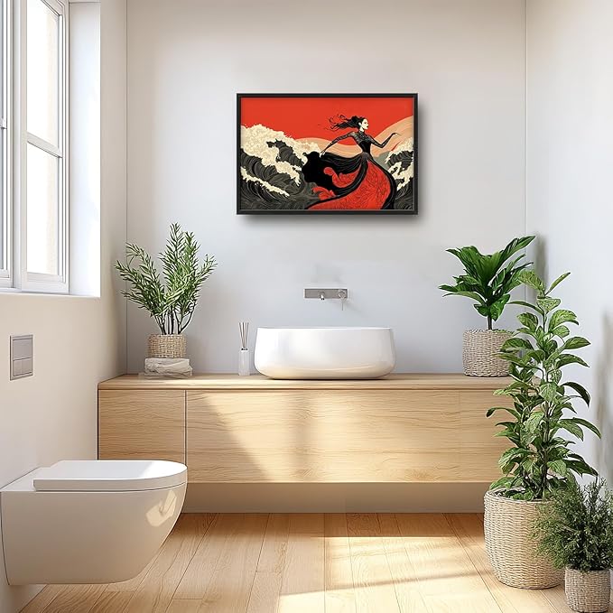 Flintis Large Black White and Red Dancer Framed Wall Art Woman Dancing Waves Pictures Wall Decor Abstract Canvas Painting Print Artworks Framed for Living Room Bathroom Master Bedroom 36L X 24W