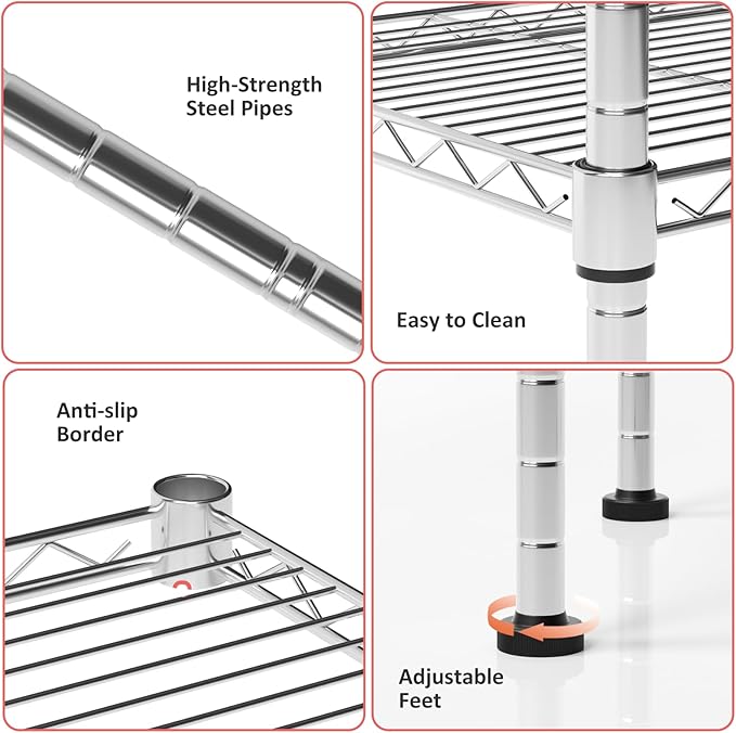 5 Tier Shelving Unit, 176 LBS Per Shelf Height Adjustable Narrow Storage Shelves, Heavy Duty Metal Garage Metal Shelves for Kitchen, Restaurant, Pantry, Laundry, 23"x 13.4"x 59", Chrome