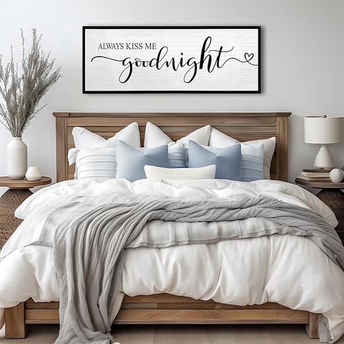 Always Kiss Me Goodnight Wall Sign 40''×15'' Vintage Master Bedroom Above Bed Farmhouse Wooden Framed Family Wall Decor for Larg Couples Over Bed Wall Art Decoration (Black)