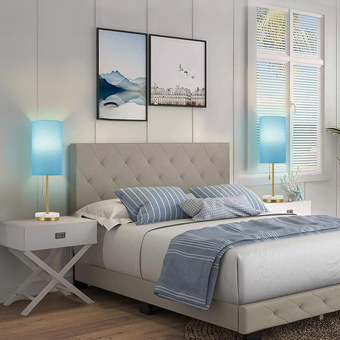 Luvkczc Minimalist Table Lamp Set of 2, Nightstand Lamp for Bedroom Living Room, Modern Pull Chain Bedside Lamp with Marble Base, Fabric Shade, Small Desk Lamp for Home, Office, Reading,Blue