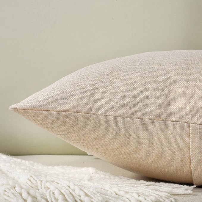HAUSSY Beige Linen Decorative Throw Pillow Covers 22x22 Inch Set of 2,Square Cushion Case with 3 Vintage Buttons,Modern Farmhouse Home Decor for Couch,Bed