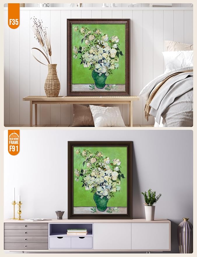 DECORARTS - Pink Roses in a Vase - Vincent Van Gogh Giclee Prints w/Antique Brown Frame for Wall Decor. Picture Size: 16x20, Total Size w/Frame: 19x23