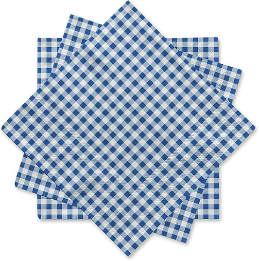 Gatherfun Disposable Paper Napkins Blue and White Gingham for Dinner Picnic and Parties (Pack of 50)