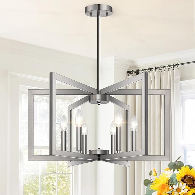 25" Modern Brushed Nickel Chandelier for Dining Room (6-Light, 25-Inch), Geometric Dining Room Light Fixture Over Table, Industrial Metal Hanging Pendant Lights for Kitchen Island, Entryway, Foyer