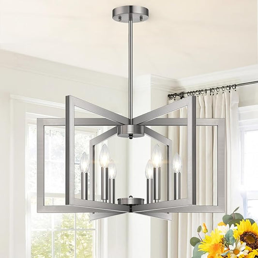 25" Modern Brushed Nickel Chandelier for Dining Room (6-Light, 25-Inch), Geometric Dining Room Light Fixture Over Table, Industrial Metal Hanging Pendant Lights for Kitchen Island, Entryway, Foyer