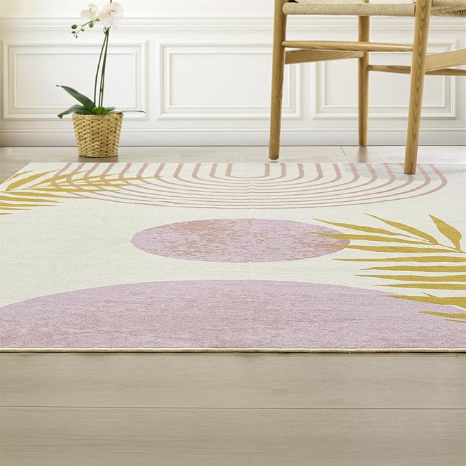 RoomTalks Cute Pink Nuresry Rug Washable, Boho Modern Contemporary Aesthetic 4x6 Area Rugs for Bedroom Dining Living Room Dorm, Abstract Art Tropical Leaves Thin Indoor Entryway Rug Carpet