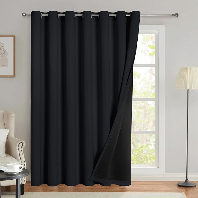 Beauoop 100% Blackout Curtains 96 Inches Long for Patio Sliding Door Black Solid Extra Wide Room Darkening Thermal Insulated Room Divider Soundproof Grommet Window Treatment Drapes,100x96 Set of 1
