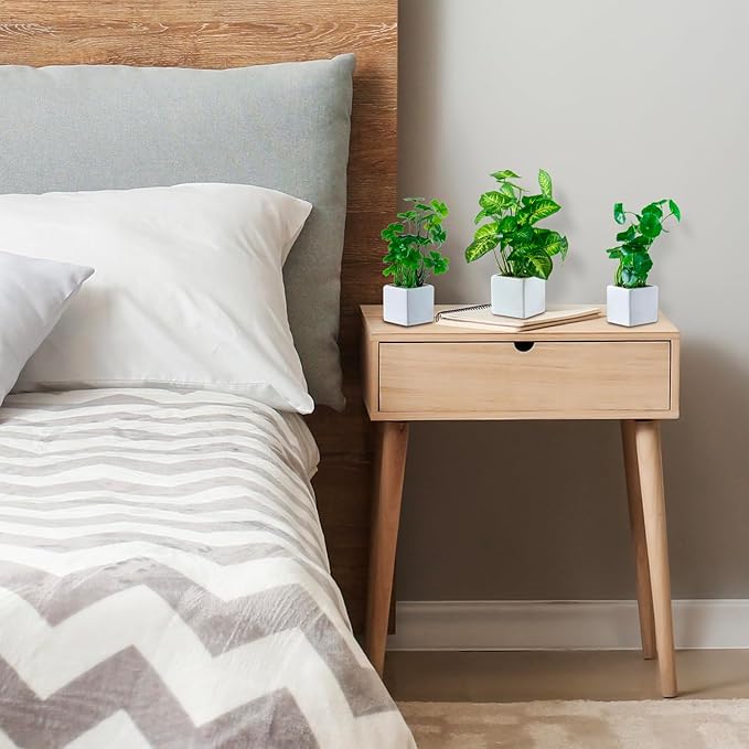 MyGift Set of 3 Artificial Plants, Faux Potted Plants Indoor, Small Fake House Plant in White Square Ceramic Pots for Shelf Decor