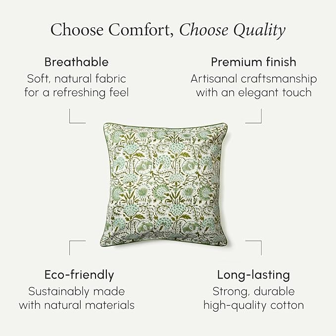 CPC 100% Cotton Throw Pillow Covers 16X16 Green Block Print Pattern Couch Pillow, Cute Boho Decorative Pillows for Living Room, Bedroom with Hidden Zipper- Coral Pink