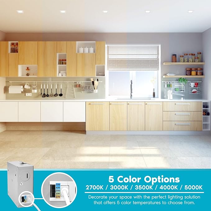 LUXRITE 3 Inch Square Ultra Thin LED Recessed Light with Junction Box, 8W, CCT Color Selectable 2700K | 3000K | 3500K | 4000K | 5000K, Dimmable Wafer Light, 540 Lumens, Energy Star, IC Rated (6 Pack)