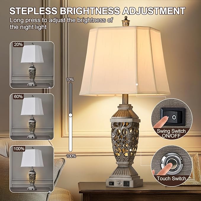 AIDENOEY Farmhouses Table Lamp with USB & USB-C Charging Ports, 3-Color Dimmable & Stepless Bottom Dimming, Touch Control & Switch, Vintage Bedside Lamp for Bedroom Living Room Office,(27.5" high)