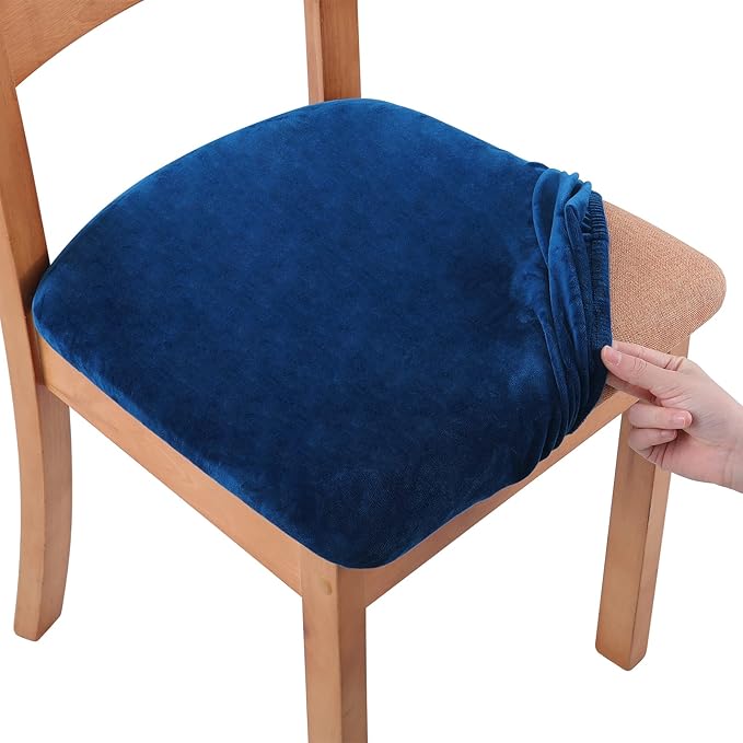 Smiry Velvet Seat Covers for Dining Room Chair Set of 2, Stretch Fit Removable Washable Chair Seat Cushion Protector Slipcovers with Ties, Federal Blue