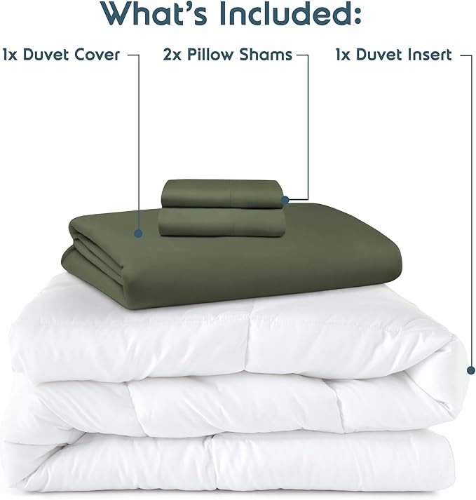 Nestl Full Duvet Cover Set with Comforter Insert - Olive Green 4 Piece 80x90 Duvet Cover & 2 Pillow Shams with White Quilted Down Alternative Comforter, Ultra Soft, All Season