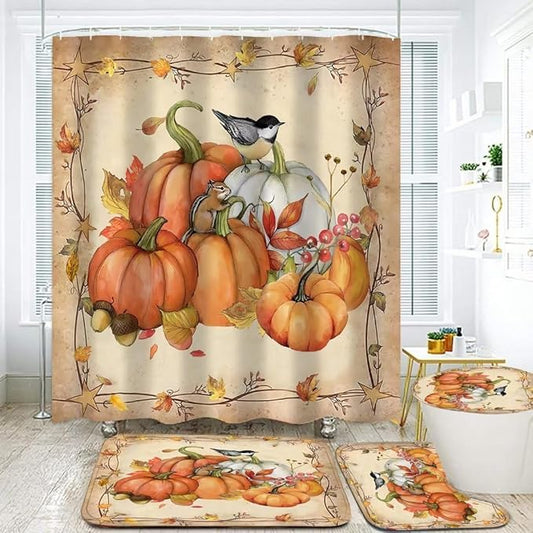 FZDHHY 4Pcs Pumpkin Shower Curtain Set Fall Bathroom Set Thanksgiving Bathroom Decor Set Autumn Shower Curtain Set with Rugs with 12 Hooks 72x72 inch