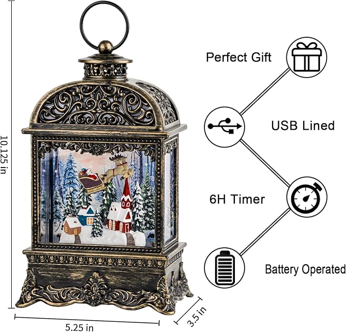 Christmas Snow Globe Lighted Flying Santa Scene, Musical Snow Water Lantern Swirling Glittering Home Decoration and Gift, Battery Operated or USB Powered
