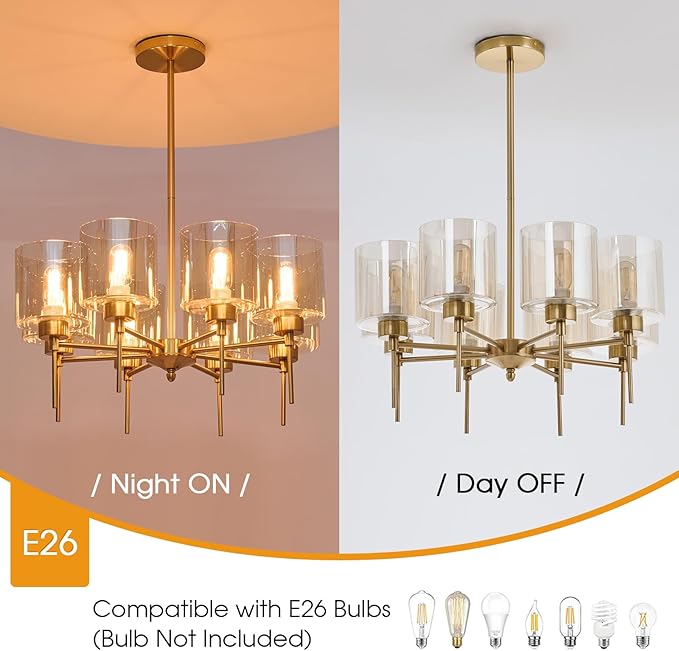 Brass Modern Chandeliers, Metal 8-Lights Chandelier Light Fixture with Amber Glass Shade, Hanging Pendant Lighting for Living Room, Dining Room, E26