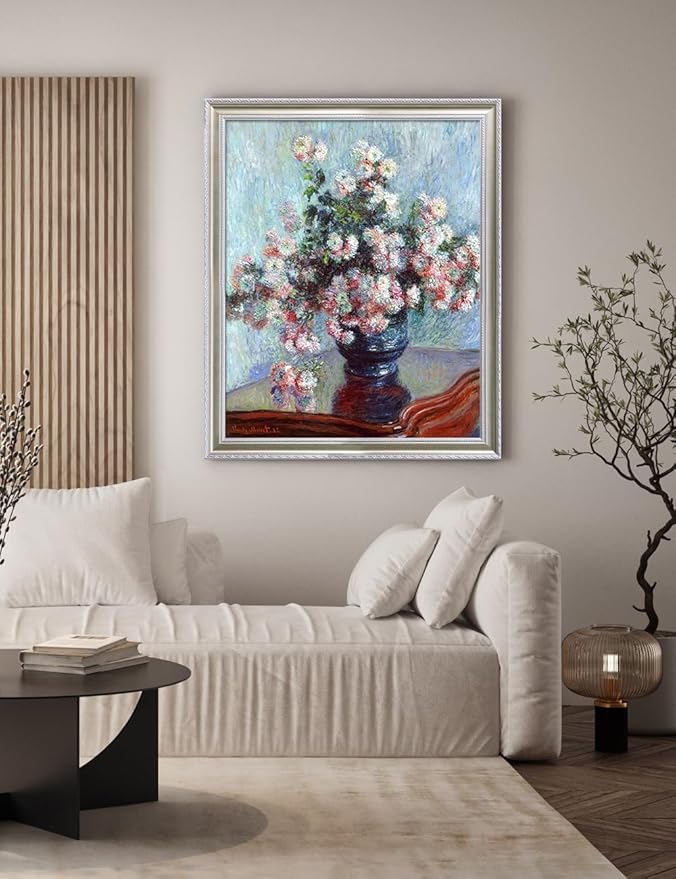DECORARTS - Claude Monet Chrysanthemums 1882, Large Framed Wall Art, Canvas Size 28x35, Outer Dimensions Larger With Customizable Solid Wood Frames, Giclee Canvas Print, Made in USA