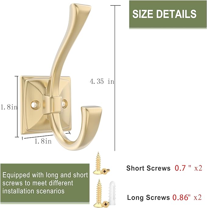 2 Pack Brushed Gold Wall Hooks for Hat, Coat, Towel, Key, Bag, Mudroom Hooks Entrance Bathroom Door Decorative Heavy Duty Coat Hanger