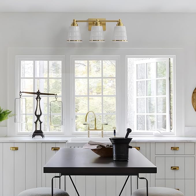 Gold Bathroom Vanity Light Fixture, 3 Light Bathroom Light Fixtures Over Mirror with Milky White Glass and Metal Base Wall Sconce, 21.3inch Modern Vanity Light for Bathroom(Exclude E26 Bulb)