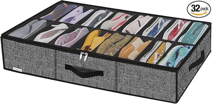 Onlyeasy Sturdy Under Bed Shoe Storage Organizer Fit 8 to 16 Pairs, Collapsible Closet Underbed Shoes Container Bags with Reinforced Handles, 37.7x23.6x5.9in, Linen-like Black, MXAUBS16P1