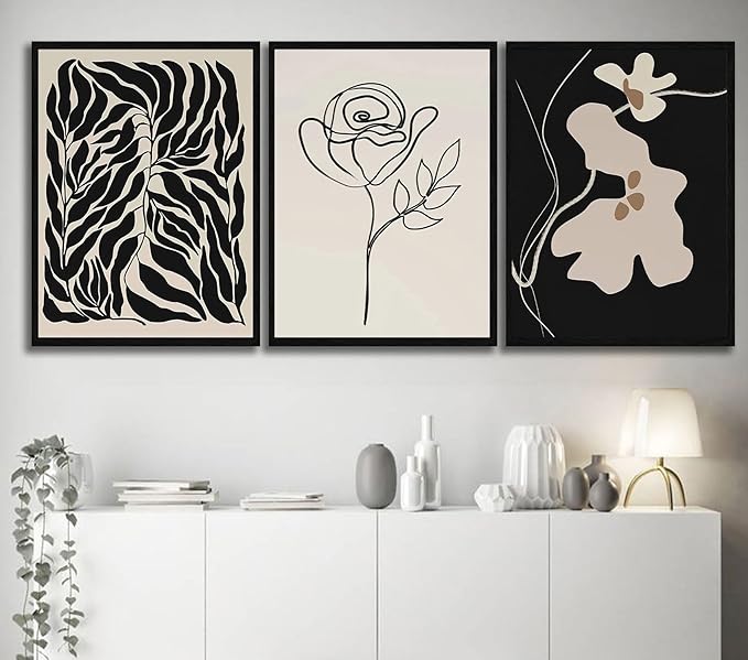 3Pcs Framed Canvas Wall Art Paintings Modern Botanical Prints Abstract Floral Posters Black and White Gallery Wrap Artwork for Living Room Bedroom Bathroom Office 16x24Inch