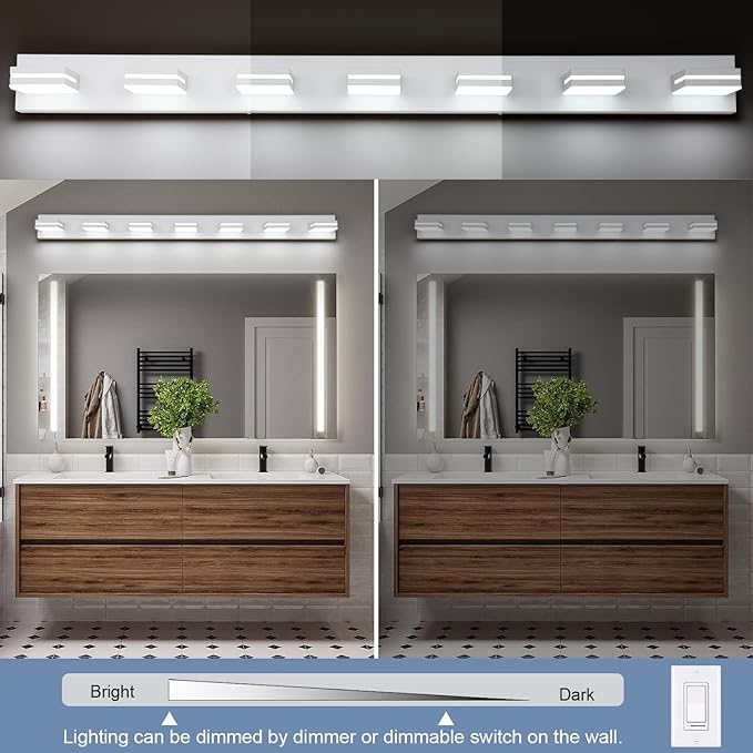 SineRise LED Modern Bathroom Vanity Light Fixtures (7-Light, 55-Inch), Matte White Modern Acrylic Bathroom Wall Lighting Fixtures Over Mirror (Cool White 6000K)