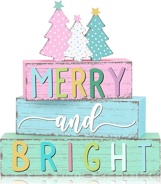 Geelin 4 Pcs Christmas Tree Table Sign Candy Color Wooden Decorative Signage Xmas Tiered Tray Decor Christmas Centerpieces Farmhouse Wooden Block Set Xmas Table Sign for Home