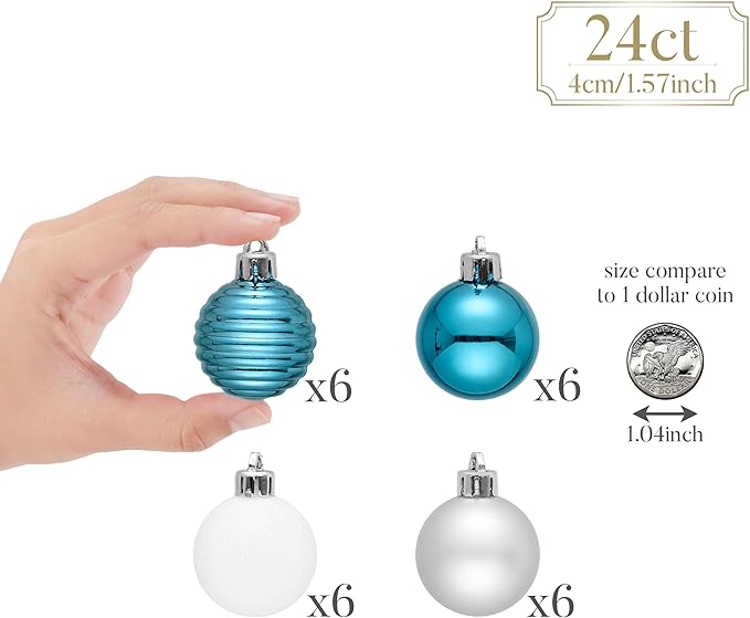Valery Madelyn 1.57 Inches Small Christmas Tree Decorations Ornament Set for 4th of July Fall Halloween, 24ct Light Blue and Silver Shatterproof Hanging Ball Ornaments Holiday Party Decor