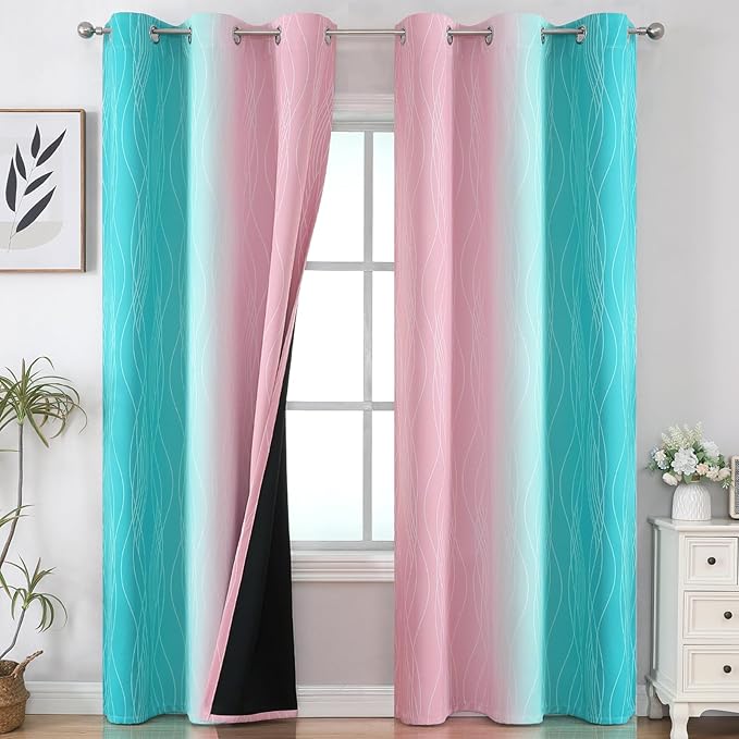 Estelar Textiler Pink and Teal Ombre Blackout Curtains for Bedroom, Thermal Insulated Light Blocking Gradient Drapes, Full Room Darkening Grommet Curtains for Living Room, 42Wx84L, 2 Panels