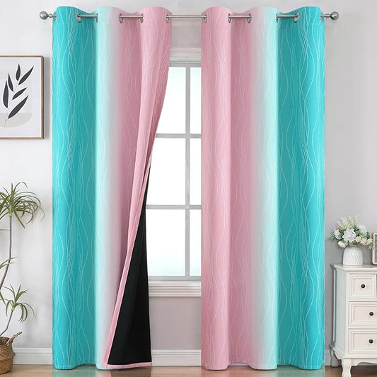 Estelar Textiler Pink and Teal Ombre Blackout Curtains for Bedroom, Thermal Insulated Light Blocking Gradient Drapes, Full Room Darkening Grommet Curtains for Living Room, 42Wx84L, 2 Panels