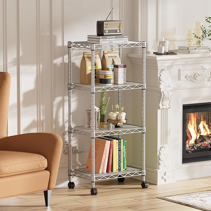 SINGAYE 4 Small Shelves Storage Shelf Wire Shelving Unit Metal Shelf Adjustable Organizers Storage Shelving with Wheels for Bathroom Laundry Room Kitchen Pantry