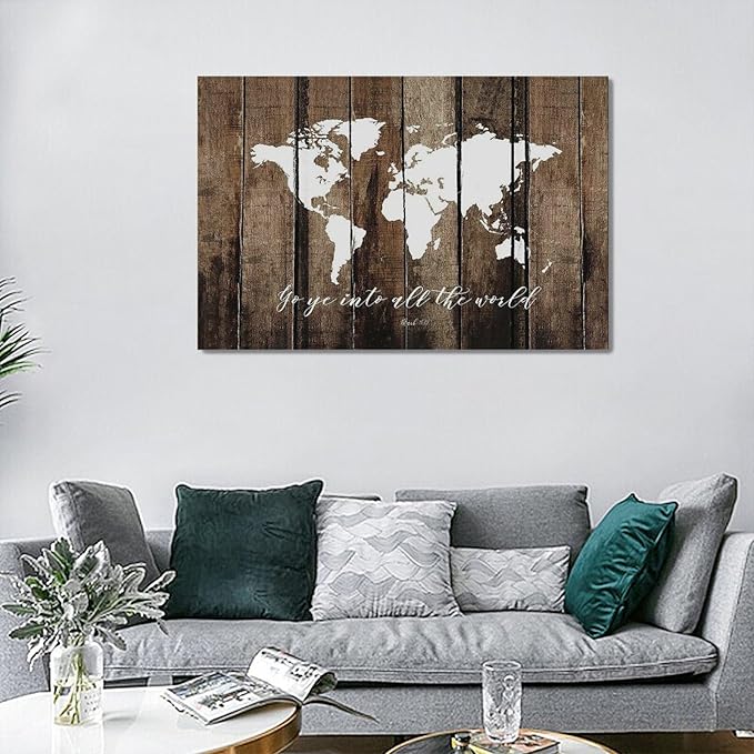 Large World Map Wall Art Rustic World Map Pictures Wall Decor Go Ye Into All The World and Preach The Gospel Canvas Painting Print Home Artwork Framed for Living Room Bathroom Master Bedroom 24"x16"