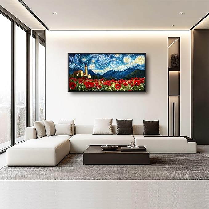 Starry Night Framed Wall Art for Living Room, Large Poppies Canvas Wall Decor, Vintage Red Flowers Pictures Painting, Modern Artwork for Bathroom Bedroom 60L'' × 30W''