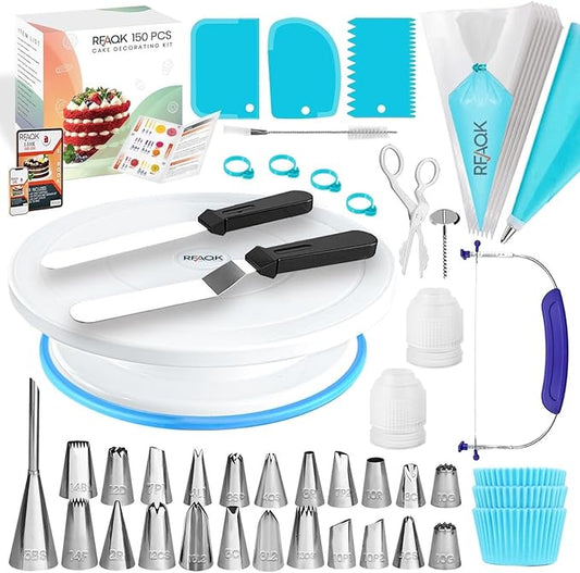 RFAQK 150 PCs Cake Decorating Kit for Beginners, Includes Video Course, Booklet, Cake Turntable, Leveler,100 Piping Bags,24 Numbered Piping Tips, Scraper set, Spatulas & Much more Baking Supplies Tool