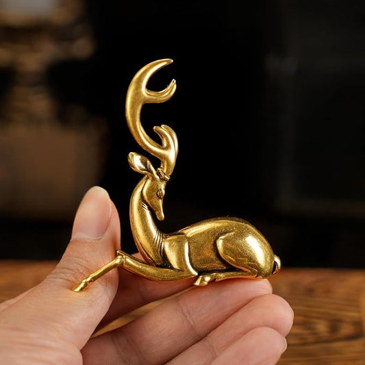 Retro Handcrafted Nostalgic Deer Statue - 100% Solid Brass Body & Genuine White Copper Horns | Elegant Tabletop Decor, Vintage Desk Ornament, Unique Gift for Nature Lovers