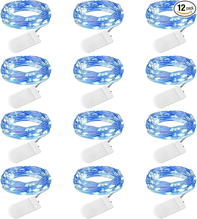 Brightown 12 Pack Led Fairy Lights Battery Operated String Lights Waterproof Silver Wire 7 Feet 20 Led Firefly Starry Moon Lights for DIY Wedding Party Bedroom Patio Christmas (12 Pack, Blue & White)