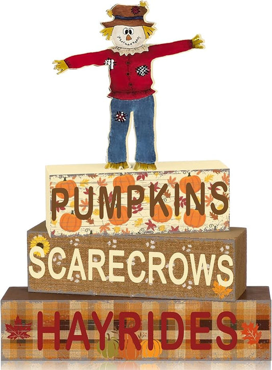 Geelin 4 Pcs Fall Scarecrow Table Centerpieces Thanksgiving Table Decorations Pumpkin Scarecrow Tiered Tray Decor Autumn Wooden Block Signs for Autumn Thanksgiving Office Kitchen Shelf